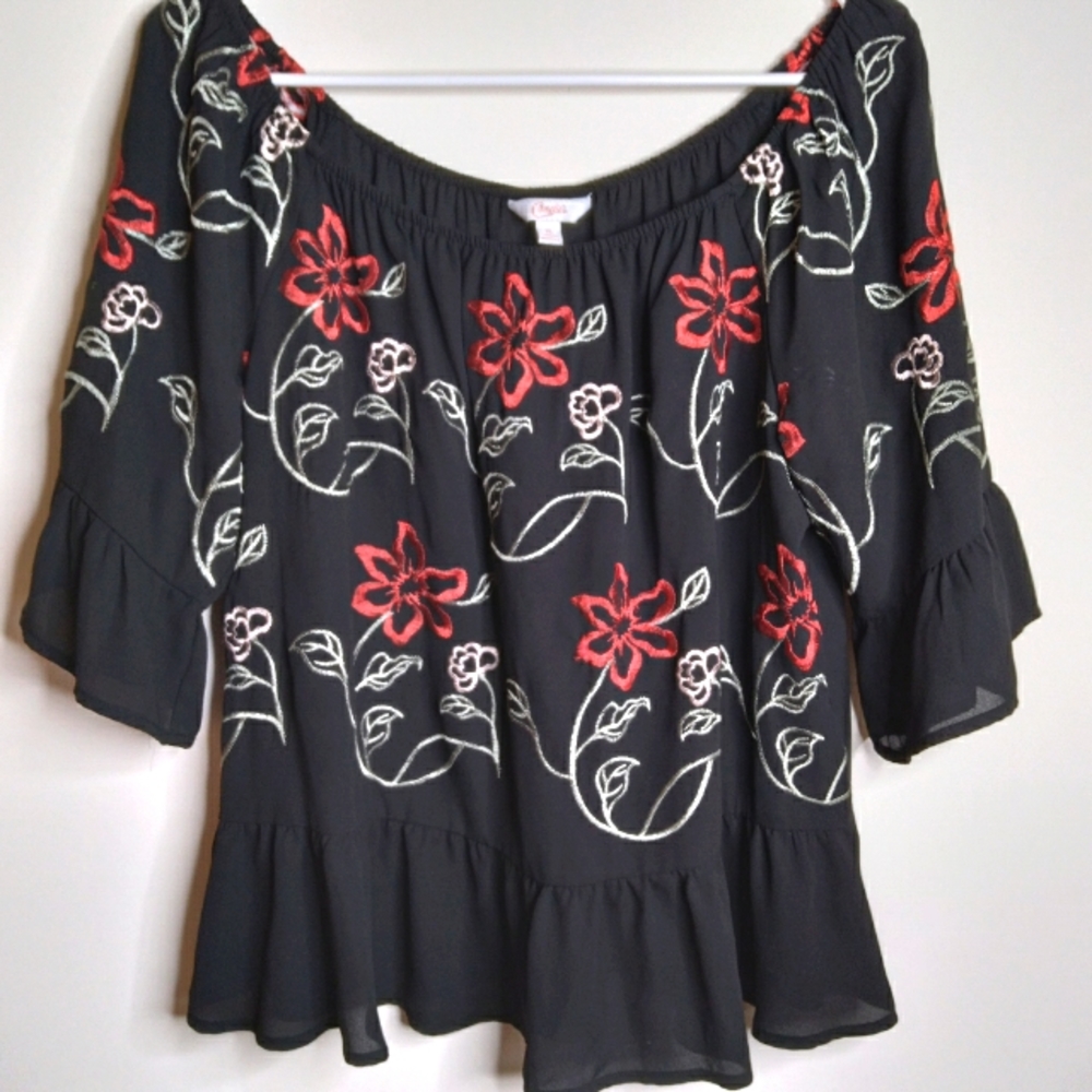 Candie's Black Floral Embroidered Peasant Top